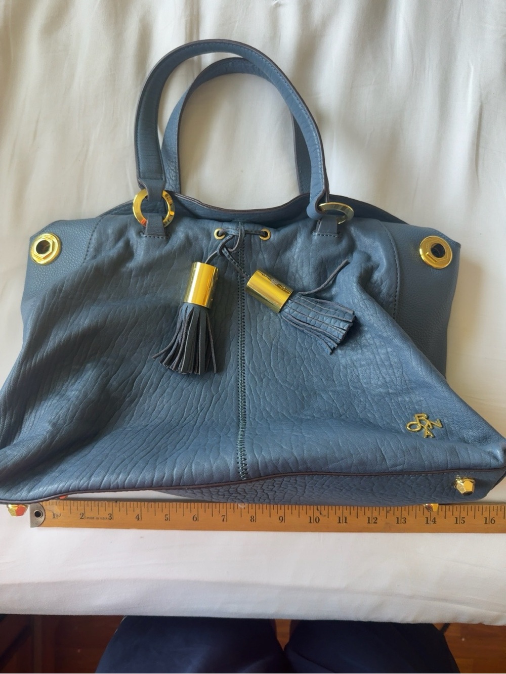 orYANY Genuine Leather Tote Bag - Dusty Blue with Gold Hardware